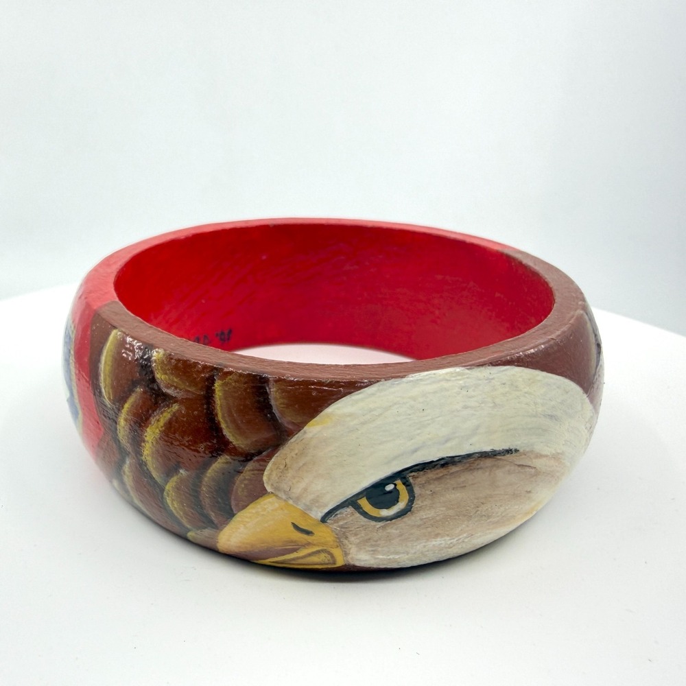Vintage Hand Painted Wooden American Eagle Bangle Patriotic Statement Bracelet
